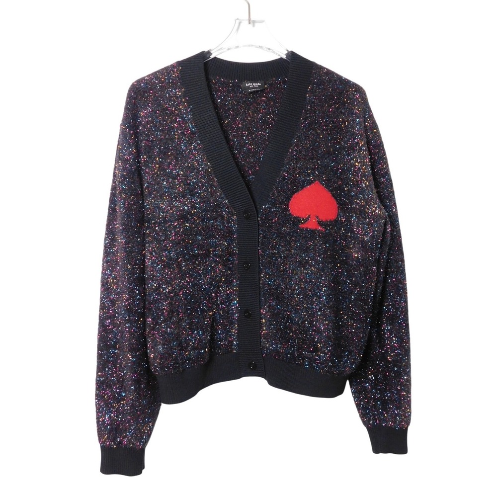 Kate Spade Spade Logo‎ Sparkle Cardigan Black Multi Metallic KJ213 Womens Medium